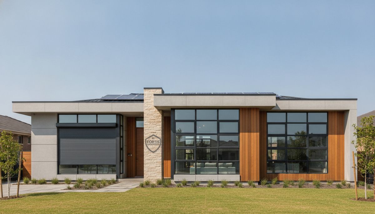 A beautiful modern suburban home with a reinforced roof and secure windows, set against a calm blue sky, symbolizing safety, structural integrity, and robust home insurance protection, professional architectural photography style