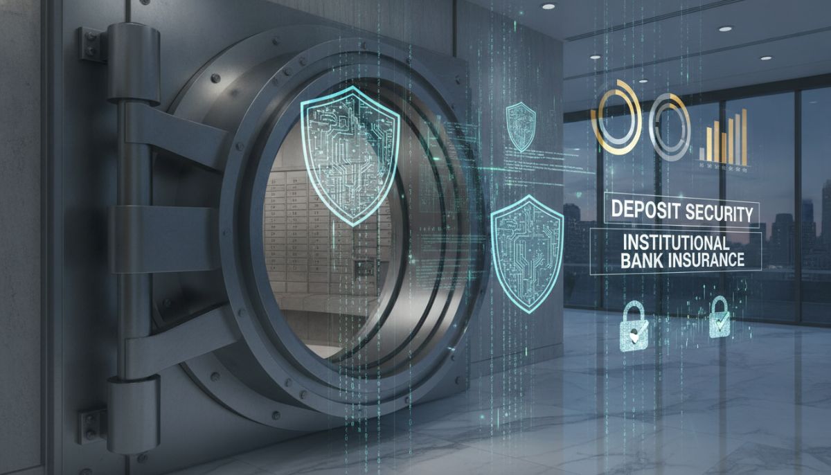 A professional corporate setting showing a modern bank vault door partially open, with digital overlay graphics representing shields, security protocols, and financial data charts, symbolizing deposit security and institutional bank insurance, highly detailed, realistic style