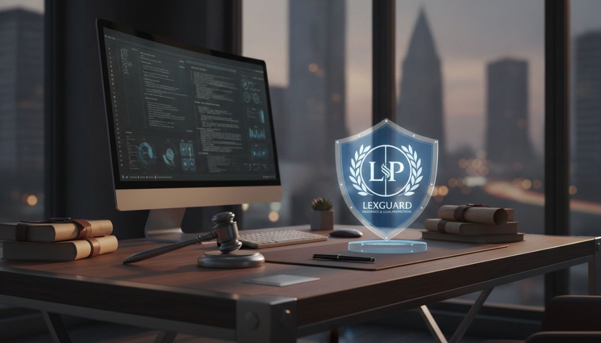 A professional modern lawyer's desk with a gavel, legal documents, and a protective shield symbol representing law insurance and legal protection, photorealistic, cinematic lighting, 8k resolution