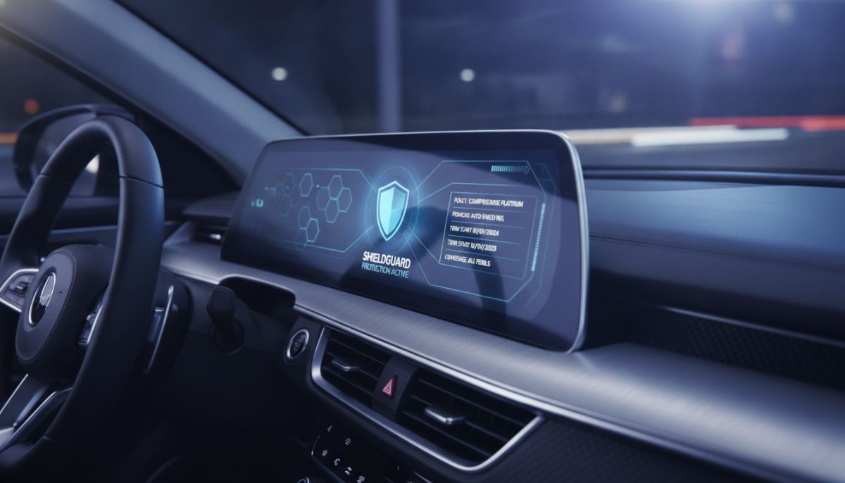 A professional modern car dashboard with a secure digital interface displaying shield protection and car insurance policy terms, clean design, cinematic lighting