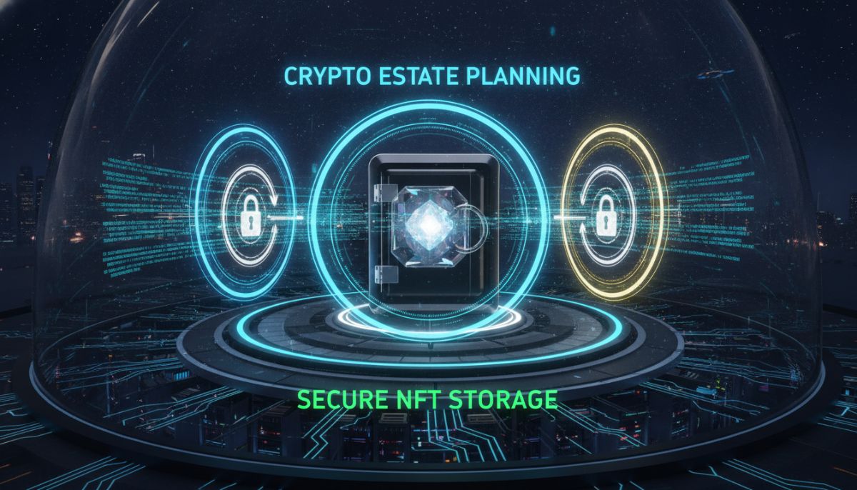 A futuristic digital vault surrounded by glowing holographic shields, representing crypto estate planning and secure NFT storage with lock icons and digital ledger streams, hyper-realistic, 8k resolution, professional cyber security aesthetic