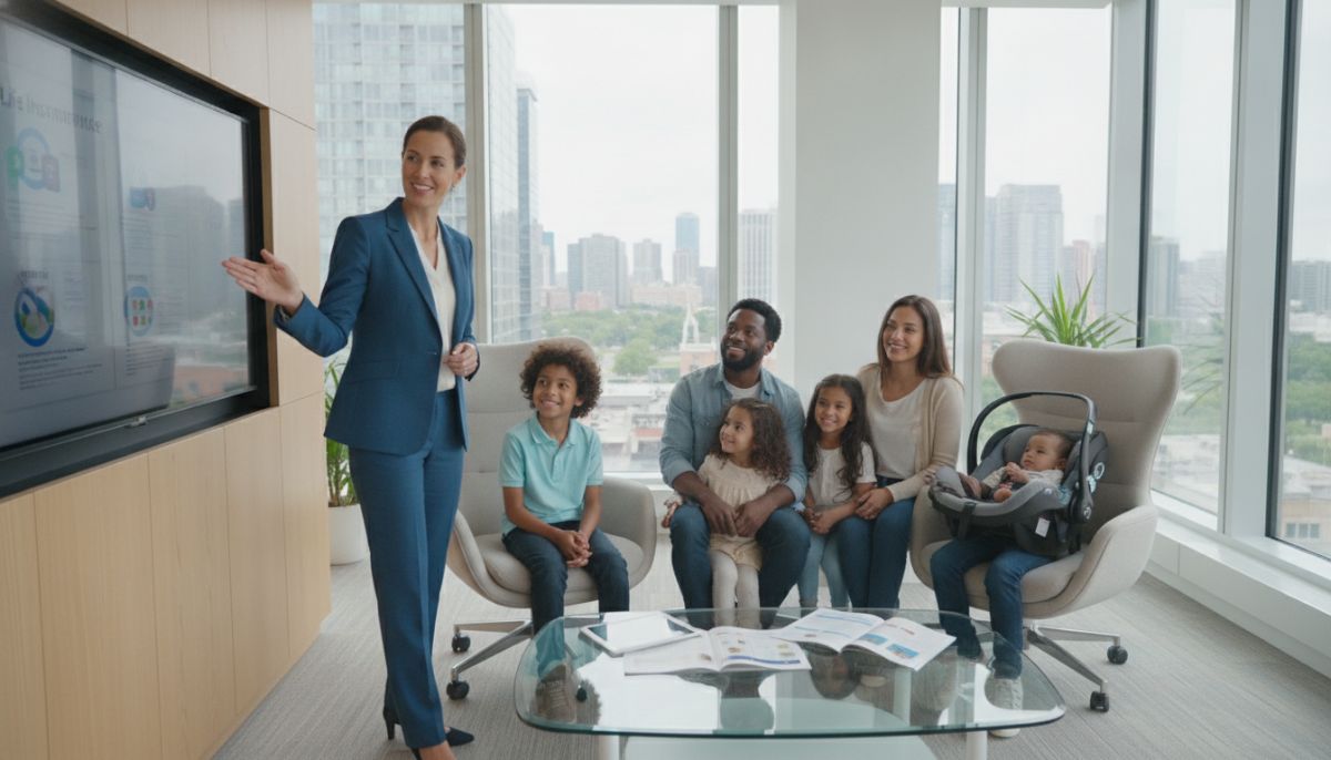 A professional financial advisor presenting life insurance options to a diverse, smiling young family in a bright modern office.