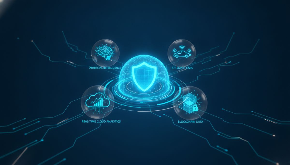 A sleek, high-tech conceptual visualization of an InsurTech ecosystem. In the center, a glowing holographic shield represents protection and insurance. Surrounding the shield are digital nodes displaying symbols for Artificial Intelligence, IoT connected smart cars, blockchain data blocks, and real-time cloud analytics charts. The background is a sophisticated dark corporate blue with glowing cyan and silver accents.