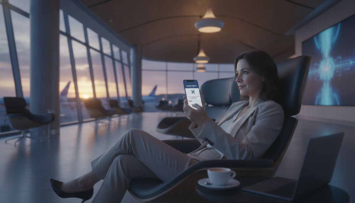 A business traveler sitting comfortably in an airport lounge, looking at their smartphone which displays an instant payout notification from a parametric travel insurance app, sophisticated and modern airport interior background, cinematic lighting