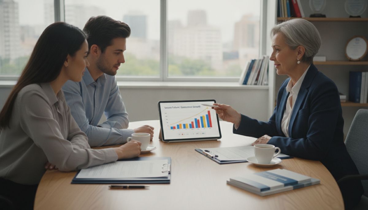 A professional financial advisor sitting with a young couple in a modern office, reviewing life insurance documents and pointing at a tablet showing charts of secure financial growth, warm and confident atmosphere, photorealistic, 4k