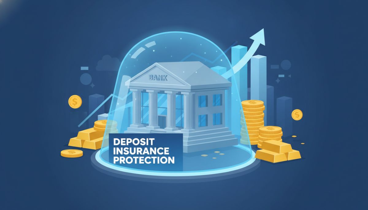 A professional editorial illustration depicting a secure bank building enclosed in a glowing blue protective shield, symbolizing deposit insurance protection, with financial charts and gold coins in the background, clean vector design, corporate color palette